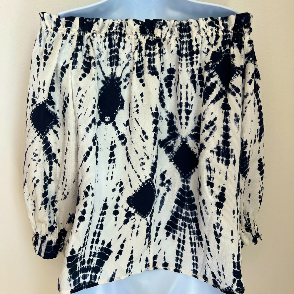 💙 Essentiel Antwerp Silk Navy Tie Dye Off Shoulder Top - Size - Picture 2 of 3